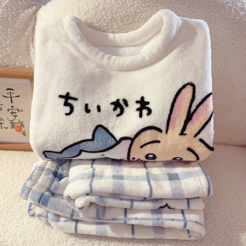 Winter Clothing Girls - Chiikawa Usagi Embroidered Flannel Pajama Set
